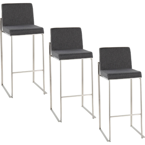 Fuji 30" High Back Bar Stool in Stainless Steel & Charcoal Fabric (Set of 3)